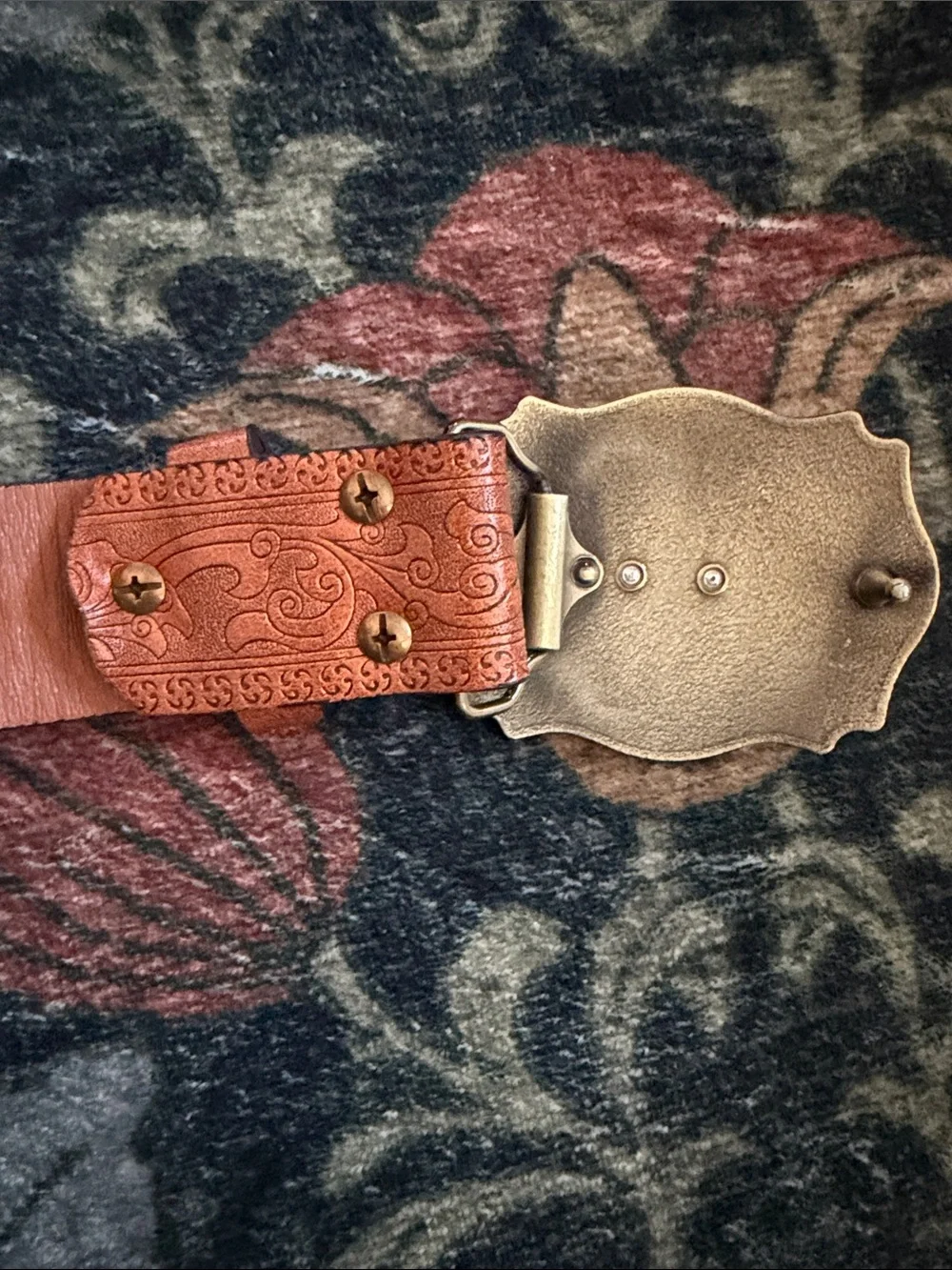 Brown Tooled Leather Kids Western Belt with Gold Longhorn Buckle